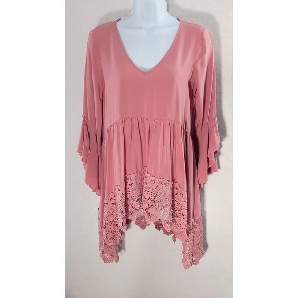 Cupio Boho Tunic Top Women's Size M Pink  3/4 Bell Sleeve Scalloped Lace Trim - Picture 13 of 13